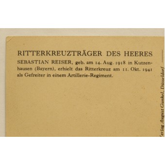 Vykort Ritterkreuzträger des Heeres -Sebastian Reiser. Espenlaub militaria